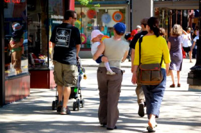 People walking down a city sidewalk