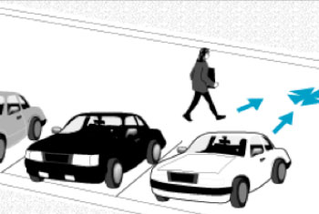 Illustration of A pedestrian struck by a backing vehicle in a parking lot.